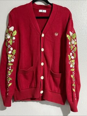 Carmico red mixed berries Strawberry-Embroidered Cardigan Sweater